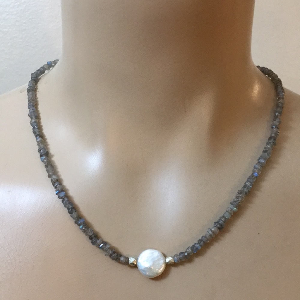 🆕Boho Dainty Gemstone Coin Pearl Silver Necklace